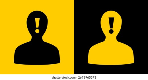 Head with exclamation mark - Warning and caution about dangerous and risky man. Human and danger, jeopardy, peril and risk. Vector illustration of yellow and black silhouette.
