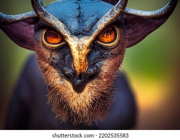 Head Of An Imaginary Animal Or Monster With Horn And Beard, Scary Animal, 3D Illustration