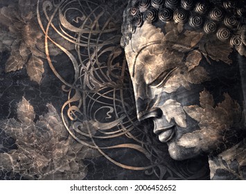 Head of the Lord Buddha in profile with golden flowers and mandala on a dark gray background. Collage, digital art. Illustration