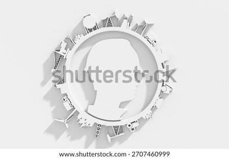 Head of man architect inside circle with industrial icons. Confident construction manager wearing hardhat. Successful civil engineer. Project management, engineering and safety inspection. 3D render