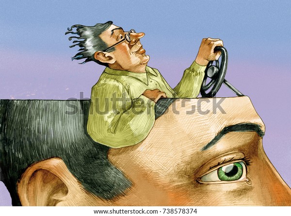 in the head of a man in the foreground there\
is a man riding relaxed and confident of himself conceptual\
psychological\
illustration
