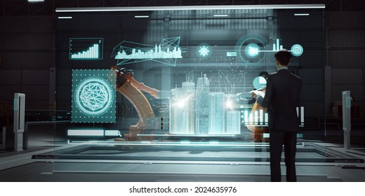 Head Of The Project Manager Monitoring And Control Automation Robot Arms Machine With Virtual Interface. Concept Of Industry 4.0 Technology And Smart Futuristic Factory. 3d Rendering