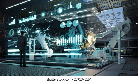 Head of the project manager monitoring and control automation robot arms machine with virtual interface. Concept of industry 4.0 technology and smart futuristic factory. 3d rendering