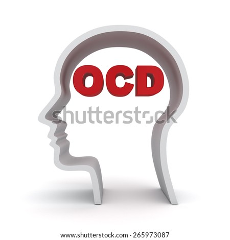 Head shape with red ocd text or Obsessive compulsive disorder anxiety symptoms concept isolated over white background