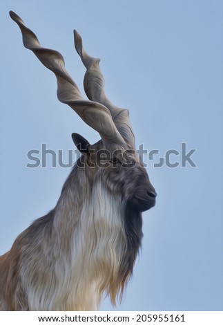 Head and shoulder of a markhor male. Majestic goat on blue sky background. Wild animal alpinist with awful screw horns. Wild beauty of the great buck. Amazing illustration in oil painting style. Foto stock © 