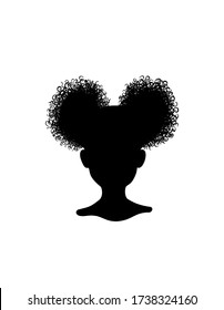 Head silhouette of African American black little girl with two hair curly puffs pony tails.T shirt print with afro  girl.