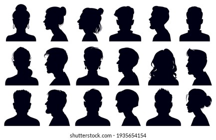 Head Silhouettes. Female And Male Faces Portraits, Anonymous Person Head Silhouette  Illustration Set. People Profile And Full Face Portraits