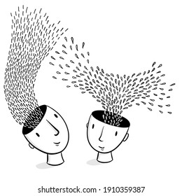 Head Spaces - Schwarz-Weiß-Illustration von zwei handgezeichneten Köpfen mit Ideen und Gedanken, die aus ihren Köpfen heben. Kreativität, Brainstorming, Zusammenarbeit, Inspiration