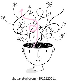 Head Spaces - Schwarz-Weiß-Illustration eines handgezeichneten Kopfes mit Ideen und Gedanken, die sich aus dem Kopf heben. Kreativität, Brainstorming, Zusammenarbeit, Inspiration