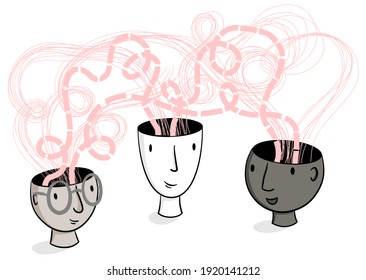 Head Spaces - Line Illustration von handgezeichneten Köpfen mit Ideen und Gedanken, die aus ihren Köpfen heben. Kreativität, Brainstorming, Zusammenarbeit, Inspiration