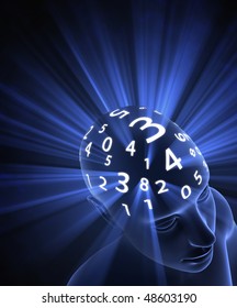 The head is thinking in numbers. The light represents the energy, the power of mind in the processing.