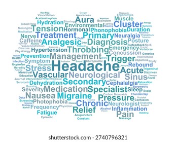 Headache Word Cloud. A specialized visual overview of cephalalgia types, neurological triggers, clinical symptoms, and therapeutic management for medical education and patient care.