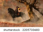 The Headless Horseman sits upon his black horse holding a jack-o-lantern, a twisted tree next to him. 3D Rendering

