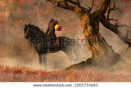 The Headless Horseman sits upon his black horse holding a jack-o-lantern, a twisted tree next to him. 3D Rendering

 Imagine de stoc © 