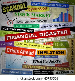 Headlines of the bad business economy and economic disaster cutouts in various fonts and colors. There are also some charts and graphs.