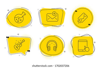 Headphones, Chemistry Lab And Tablet Pc Signs. Chat Bubbles. New Mail, Guitar And E-mail Line Icons Set. Add E-mail, Acoustic Instrument, Mail Delivery. Earphones. Education Set.