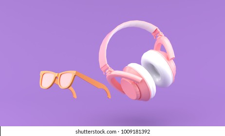 Headphones   glasses floating the purple background 3d render