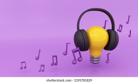 Headphones And Light Bulb, Music Idea Illustration, Musical Notation, Background For A Banner Or Advertisement Music Store, Disc Cover - 3d Rendering