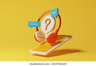 Headphones with microphone with speech bubble question mark chat icon via smartphone. Customer consultation service online, Call center sign telemarketing. 3D render illustration - Powered by Shutterstock