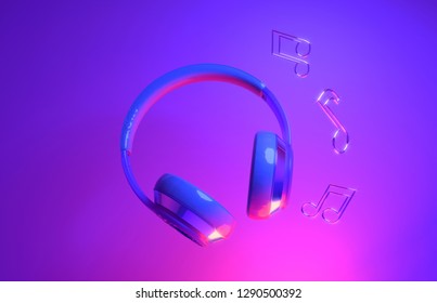 Headphones on blue pink background with music notes. Neon colors. Eighth note. Music studio. Minimalist 3D render. Illustration for music lovers. Vivid, bright colors. Isolated,space. 