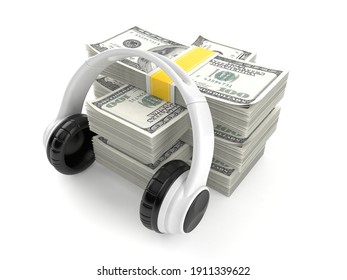 Headphones on stack of money isolated on white background. 3d illustration