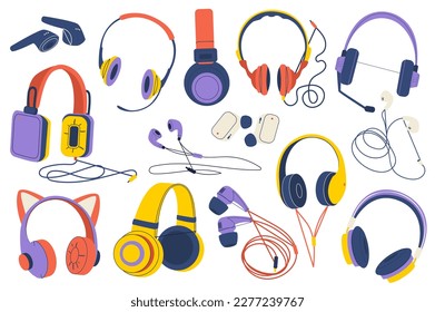 Headphones set graphic elements in flat design. Bundle of devices for listening to music and audio, earphones of various shapes, wireless vacuum plugs and other. Illustration isolated objects