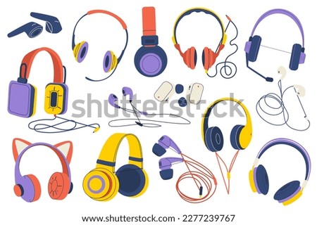 Headphones set graphic elements in flat design. Bundle of devices for listening to music and audio, earphones of various shapes, wireless vacuum plugs and other. Illustration isolated objects