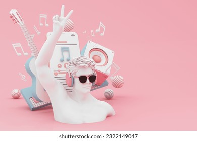 Headphones and smartphone with music notes floating on pink background surrounded by Speaker with musical instruments. concept of fun song or music festival with human head sculpture. 3d rendering - Powered by Shutterstock