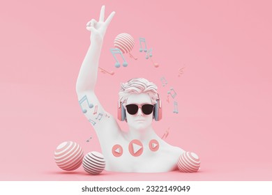 Headphones and smartphone with music notes floating on pink background surrounded by Speaker with musical instruments. concept of fun song or music festival with human head sculpture. 3d rendering - Powered by Shutterstock