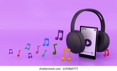 Headphones With Smartphone And Musical Notation, Listen Music Illustration, Background For A Banner Or Advertisement Music Store, Disc Cover - 3d Rendering