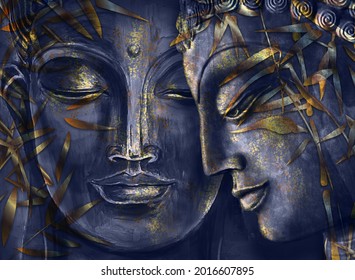 Heads of the Lord Buddha in full face and profile - digital art collage combined with watercolor. An unusual painting hand drawn for the interior. Collage, digital art.