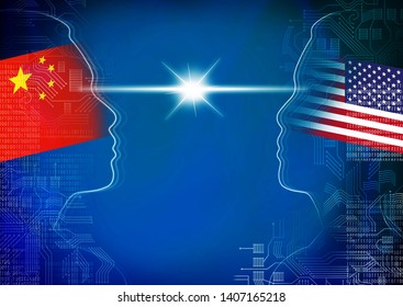 Heads Outline With China Flag And America Flag Insidd The Head With Circuit Board And Binary Digit On Blue Background Looking Stared At Each Other, Artificial Intelligence Or Ai Cyber War Concept