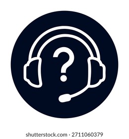 Headset with microphone and question mark in a dark blue circle, representing customer service, technical support, faqs, and communication assistance