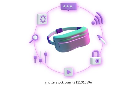 Headset Surrounded By Icons Character Metaverse Digital Technology Future VR Virtual Reality Cyber Simulation Glasses Headset Global Blockchain Avatar Network Futuristic 3d Rendering Illustration