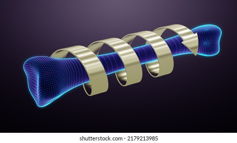 The healing of a human bone with spiral arrow isolated on dark background. The bone is represented by wireframe as a symbol of modern technology. 3D illustration.
