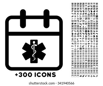 Health Care Day glyph icon with additional 300 date and time management pictograms. Style is flat symbols, black color, rounded angles, white background.