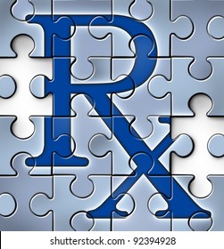 Health Care Reform Concept With A RX Pharmacy Medical Symbol In A Puzzle Jigsaw Texture With Pieces Missing As Change To The Status Quo Of The Broken Hospital Care Insurance That Needs To Be Fixed.