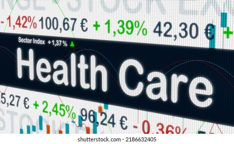 Health Care, Sector Index. Stock Exchange Monitor With Market Data, Price Information And Percentage Changes In Prices. Health Care Stocks, Business And Trading Concept. 3D Illustration