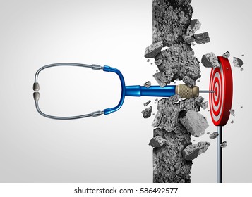 Health Care Success Medical Research Breakthrough And Medicine Discovery As A Doctor Stethoscope Shaped As A Stethoscope Breaking A Wall To A Target As A Cure Metaphor With 3D Illustration Elements.