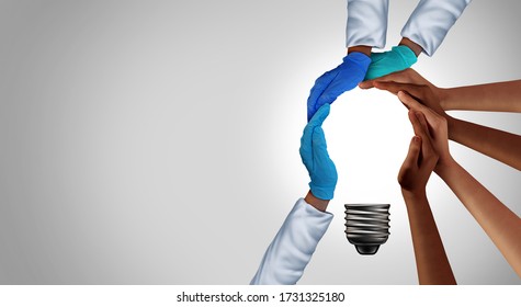 Health community idea and medical team thinking together as a diverse group of people and essential hospital workers coming together as a light bulb as a medicine metaphor with 3D elements.