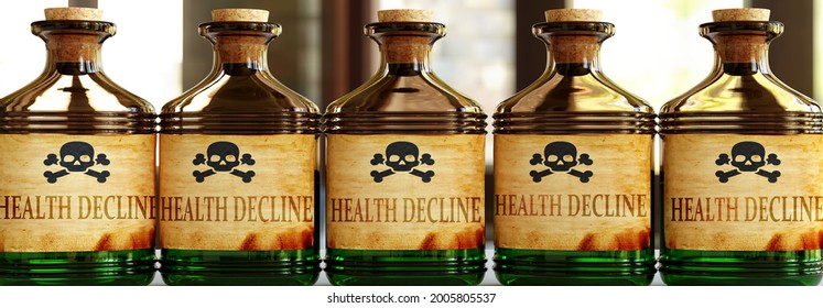 Health Decline Can Be Like A Deadly Poison - Pictured As Word Health Decline On Toxic Bottles To Symbolize That Health Decline Can Be Unhealthy For Body And Mind, 3d Illustration