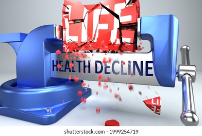 Health Decline Can Ruin And Destruct Life - Symbolized By Word Health Decline And A Vice To Show Negative Side Of Health Decline, 3d Illustration