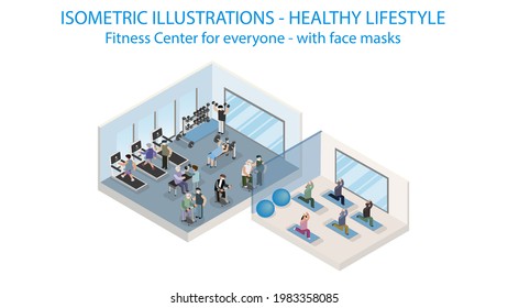 Health And Fitness Club Isometric. Post Covid With Protective Mask.