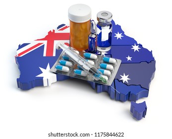 Health, Healthcare, Medicine And Pharmacy In Australia Concept. Pills, Vials And Syringe On The Map Of Australia Isolated On White Background. 3d Illustration