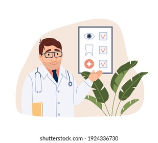 Health Insurance Concept On Light Background. Young Flat Doctor Character With Form In Hospital. Medical Dental And Vision Care Life Insurance Document. Cartoon Medicine Business Illustration.