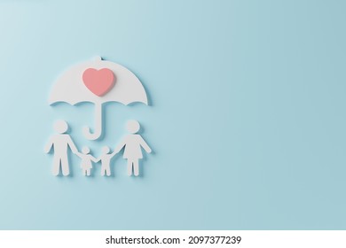 Health Insurance Family Concept. Top View Of Icon Family And Umbrella With Heart On Light Blue Background. 3d Rendering