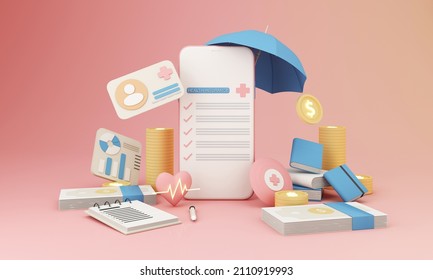 health insurance form surrounded by shields Heart shapes and heath rates and umbrellas and pills. First aid box and vaccine bottle on pastel pink background with money, coins, id. realistic 3d render - Powered by Shutterstock