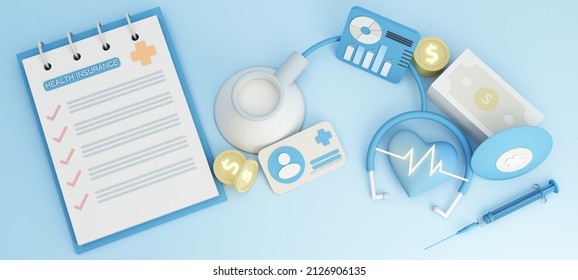 Health Insurance Form Surrounded By Shields Heart Shapes And Hatrates And Pills. First Aid Box And Id Card On Pastel Blue Background With Money, Coins. 3d Rendering