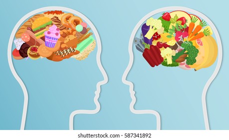 Health and unhealth Food eat in brain. Human head silhouette Diet choice healthy lifestyle concept.