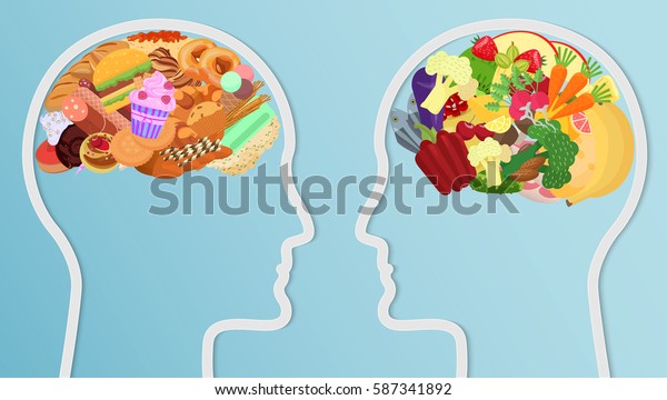 健康や不健康な食べ物は脳で食べる 人間の頭シルエット国会の選択健康的なライフスタイルコンセプト のイラスト素材